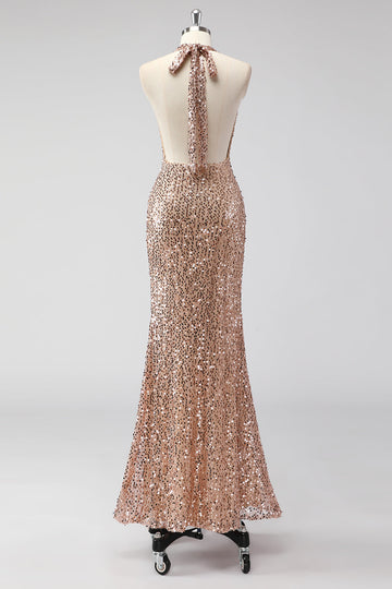 Glitter Champagne Sirena Halter Espalda Abierta Vestido de Fiesta Largo con Lentejas